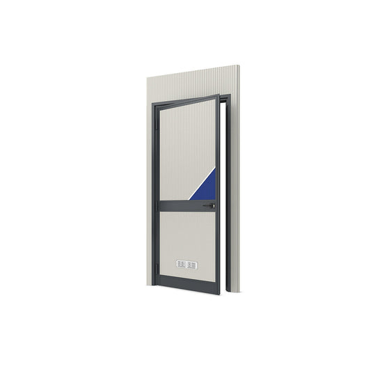 Prefab office, external WxH 1150 x 2600 mm, panel with door at left.