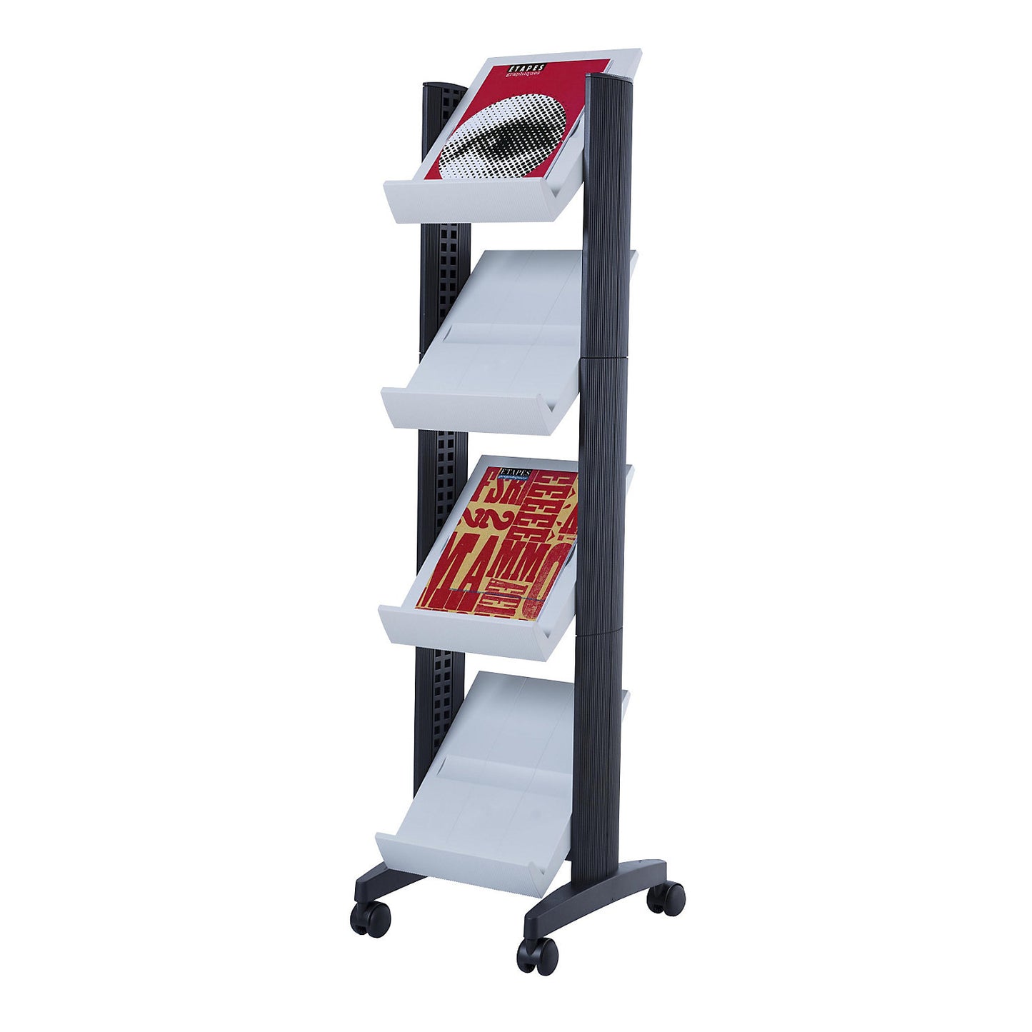 Brochure display stand made of polystyrene, for 4 x A4, black / light grey.