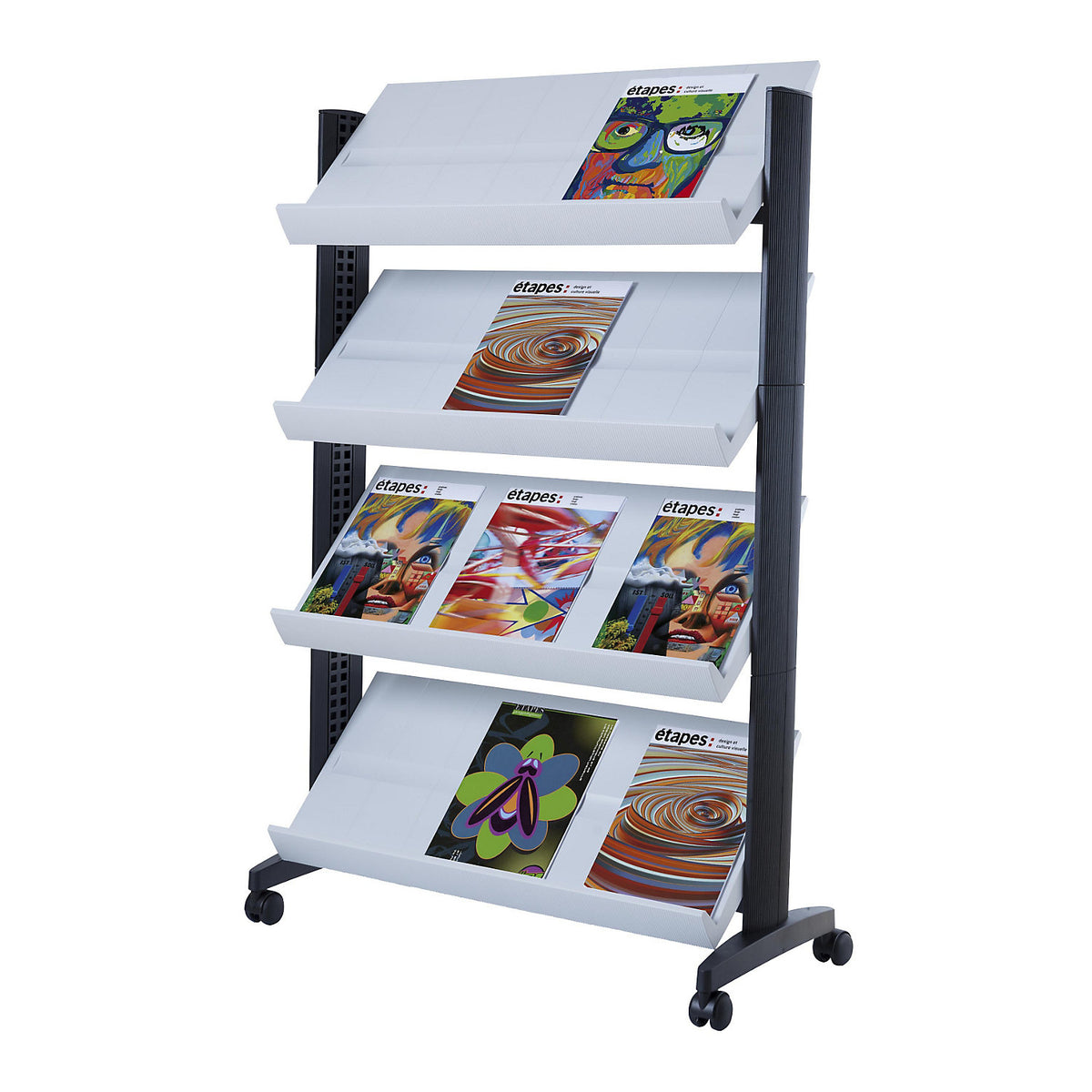 Brochure display stand made of polystyrene, for 12 x A4, black / light grey.