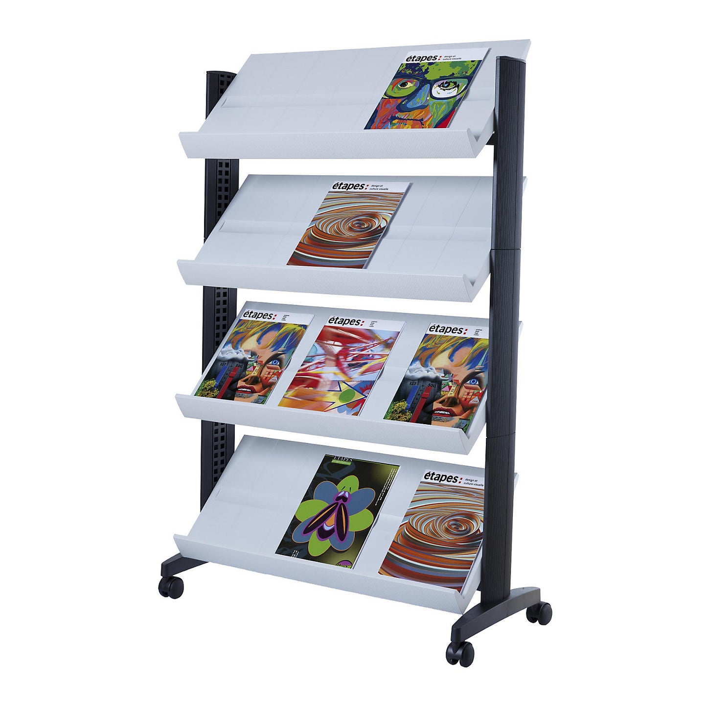 Brochure display stand made of polystyrene, for 12 x A4, black / light grey.
