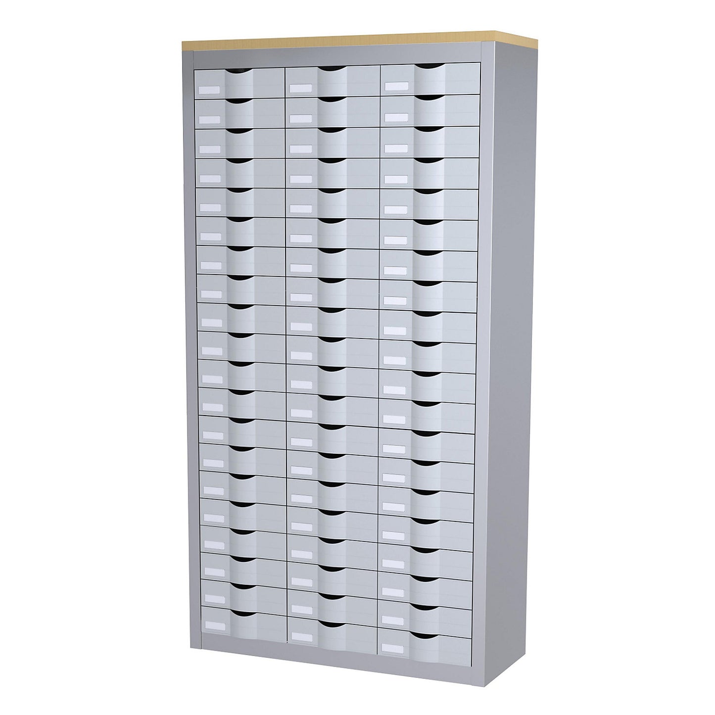 Sorting station, with 60 drawers in 3 rows, aluminium colour.