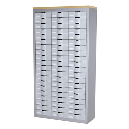 Sorting station, with 60 drawers in 3 rows, aluminium colour.