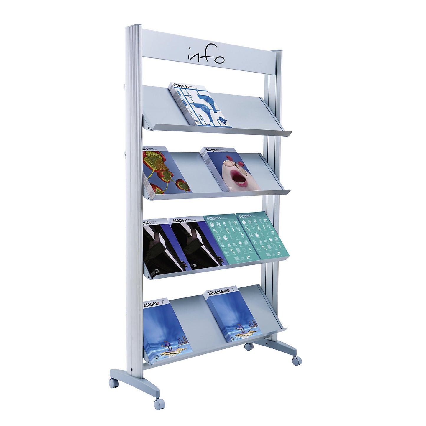 Mobile metal brochure display stand, with metal shelves, width 940 mm.