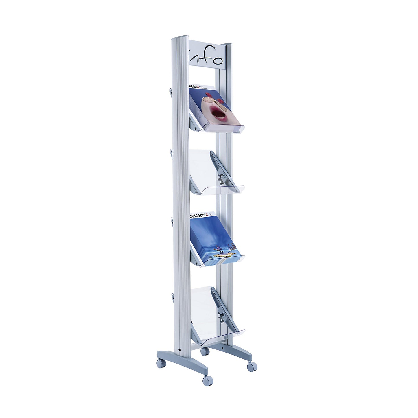 Mobile metal brochure display stand, with Plexiglas shelves, width 330 mm.