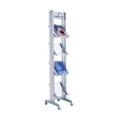 Mobile metal brochure display stand, with Plexiglas shelves, width 330 mm.