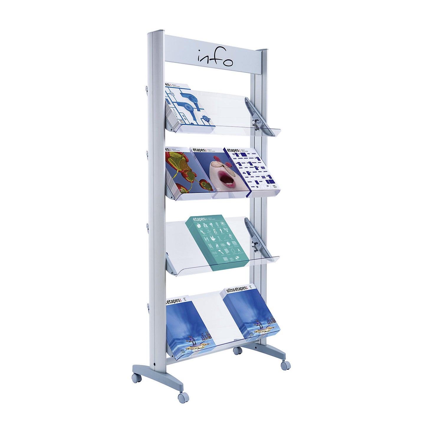 Mobile metal brochure display stand, with Plexiglas shelves, width 720 mm.