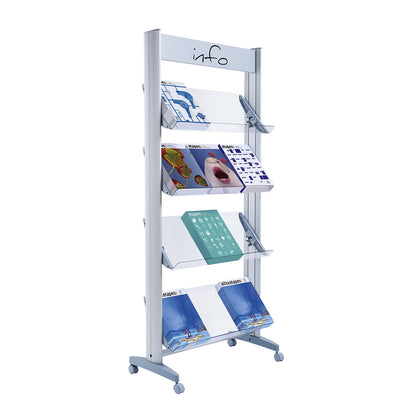 Mobile metal brochure display stand, with Plexiglas shelves, width 720 mm.