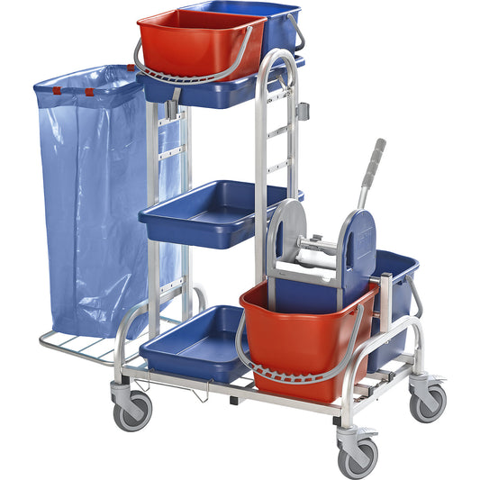 Stainless steel cleaning trolley, 2 x 10 l buckets, 2 x 15 l buckets with mop wringer, plastic castors.