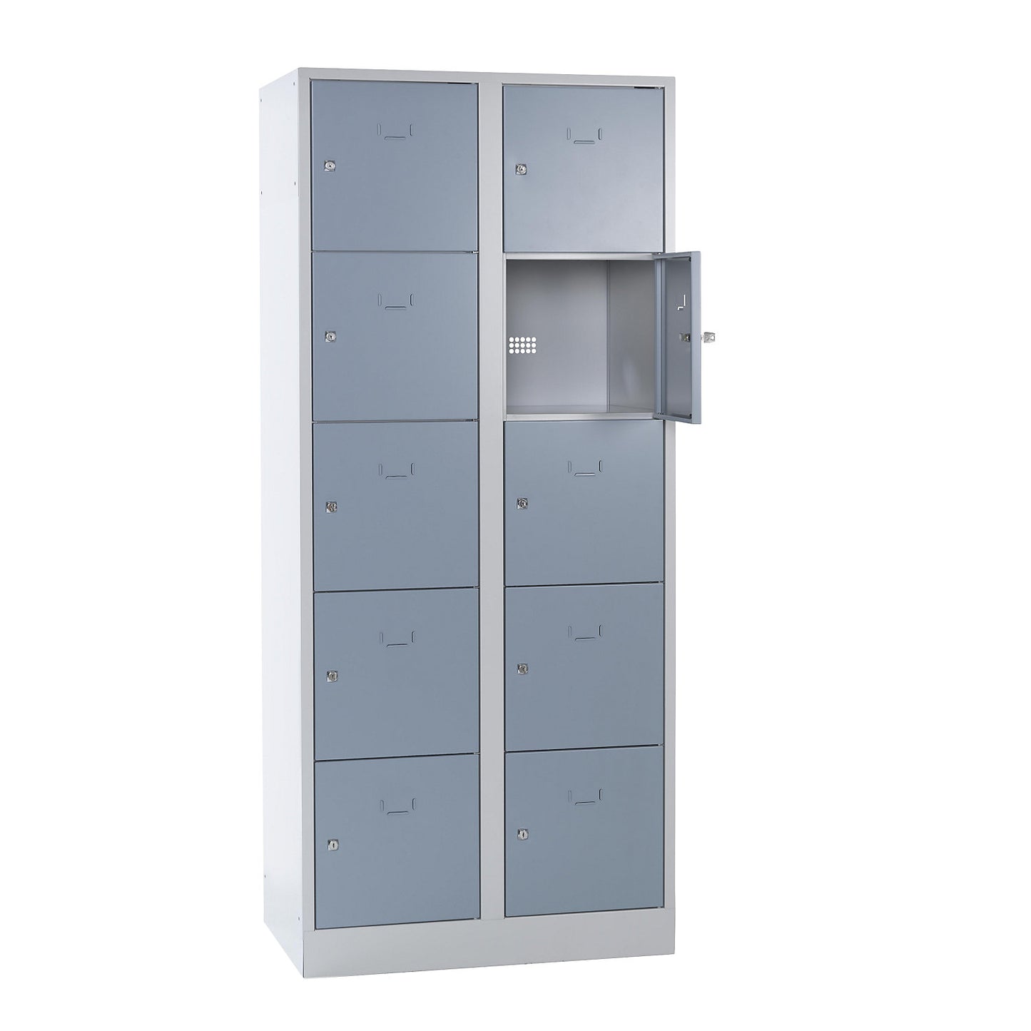 Dresden 5-fold compartment locker, 2 compartments, light grey / silver grey, W 800 mm, with base plinth.