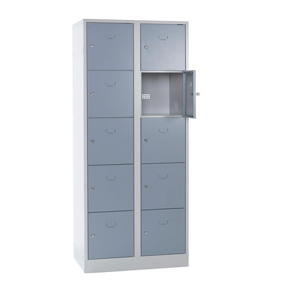 Dresden 5-fold compartment locker, 2 compartments, light grey / silver grey, W 800 mm, with base plinth.