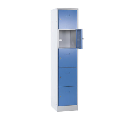 Dresden 5-fold compartment locker, 1 compartment, light grey / pigeon blue, W 400 mm, with base plinth.