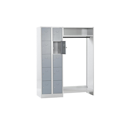 Dresden cloakroom locker system, 2 compartments on left, 1 coat rail, W 1470 mm, light grey / silver grey.