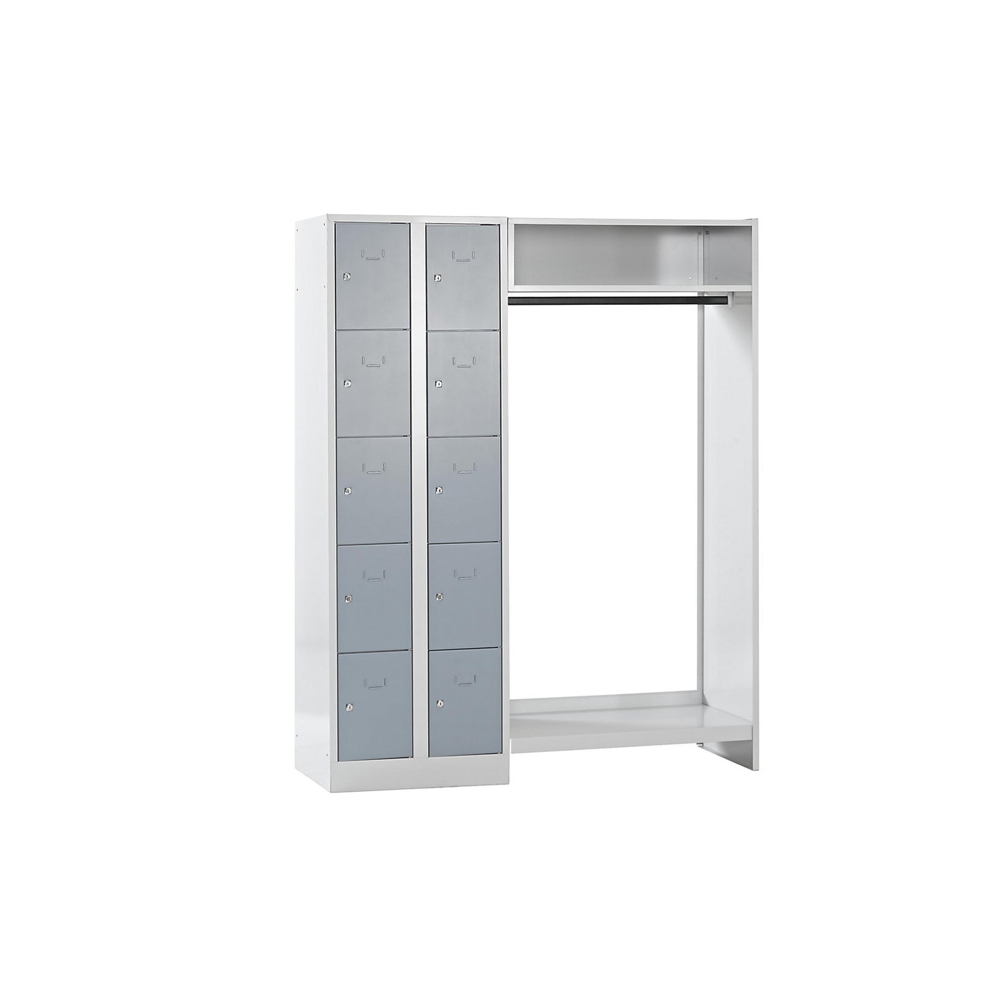 Dresden cloakroom locker system, 2 compartments on left, 1 coat rail, W 1470 mm, light grey / silver grey.