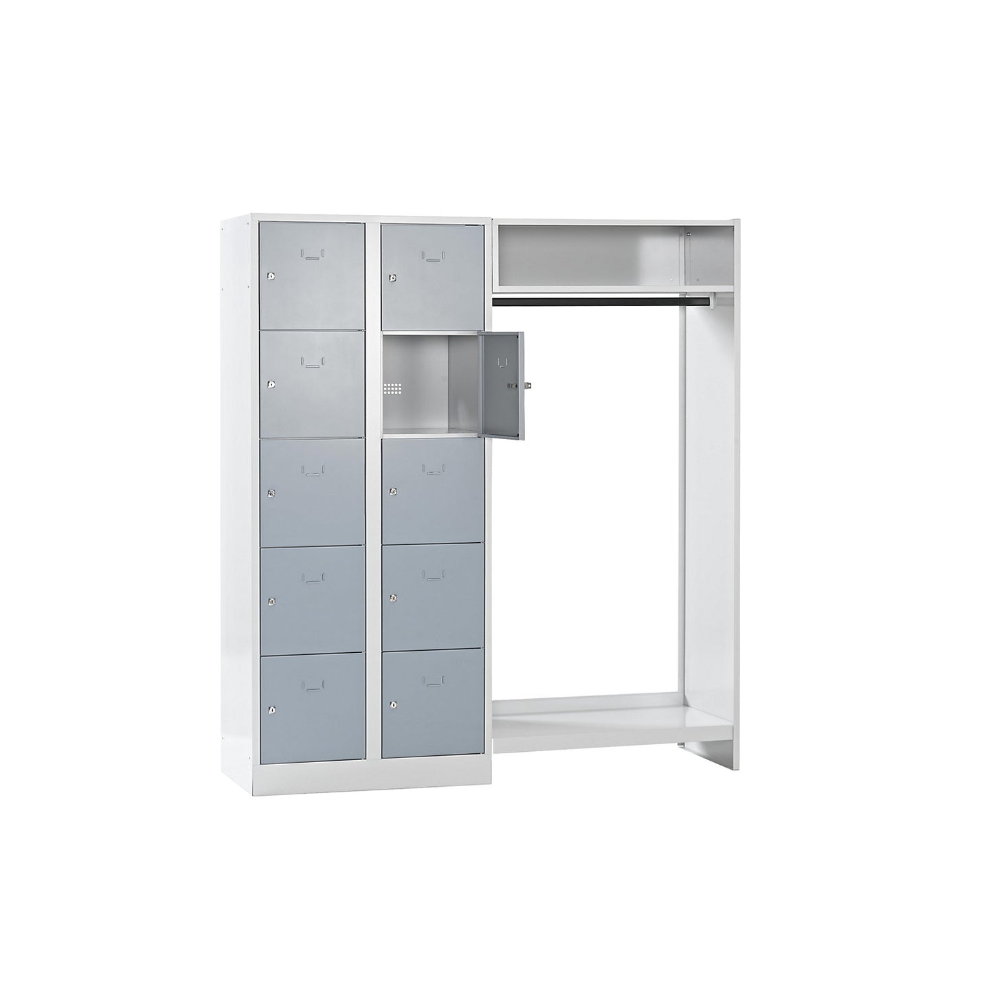 Dresden cloakroom locker system, 2 compartments on left, 1 coat rail, W 1670 mm, light grey / silver grey.