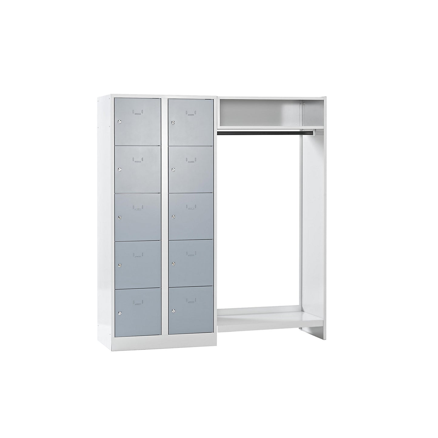 Dresden cloakroom locker system, 2 compartments on left, 1 coat rail, W 1670 mm, light grey / silver grey.
