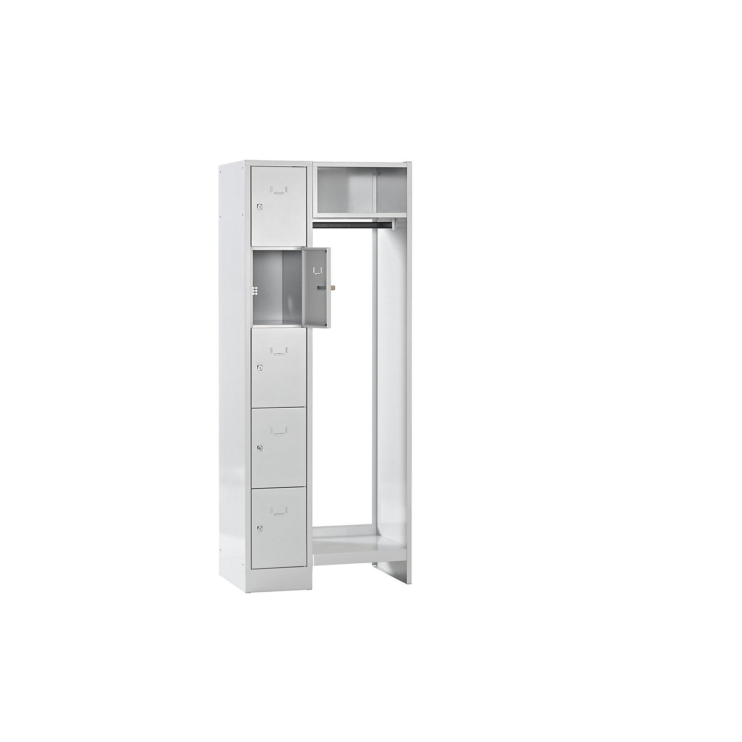 Dresden cloakroom locker system, 5 compartments, 1 coat rack, W 750 mm, light grey.