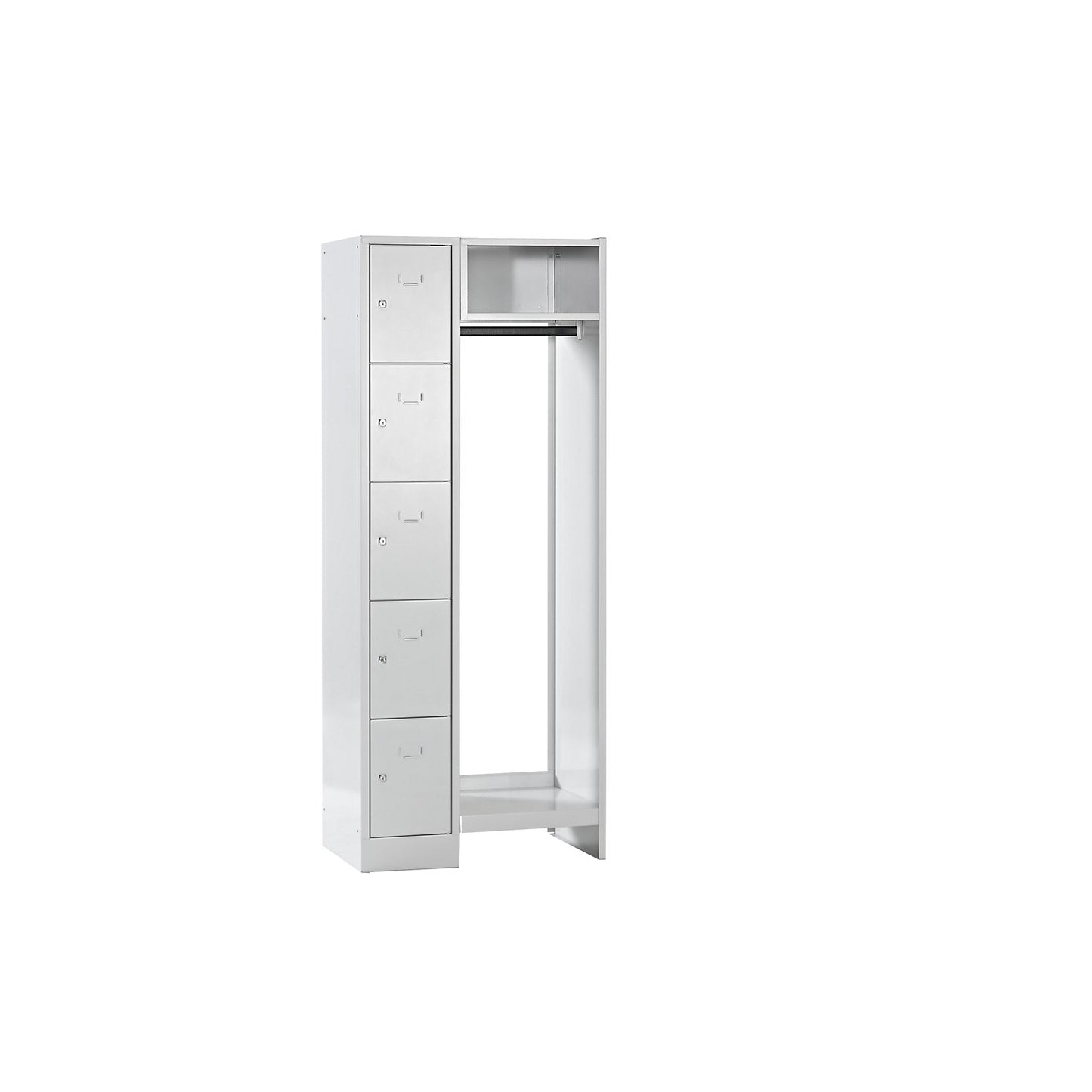 Dresden cloakroom locker system, 5 compartments, 1 coat rack, W 750 mm, light grey.