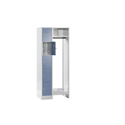 Dresden cloakroom locker system, 5 compartments, 1 coat rack, W 750 mm, light grey / pigeon blue.