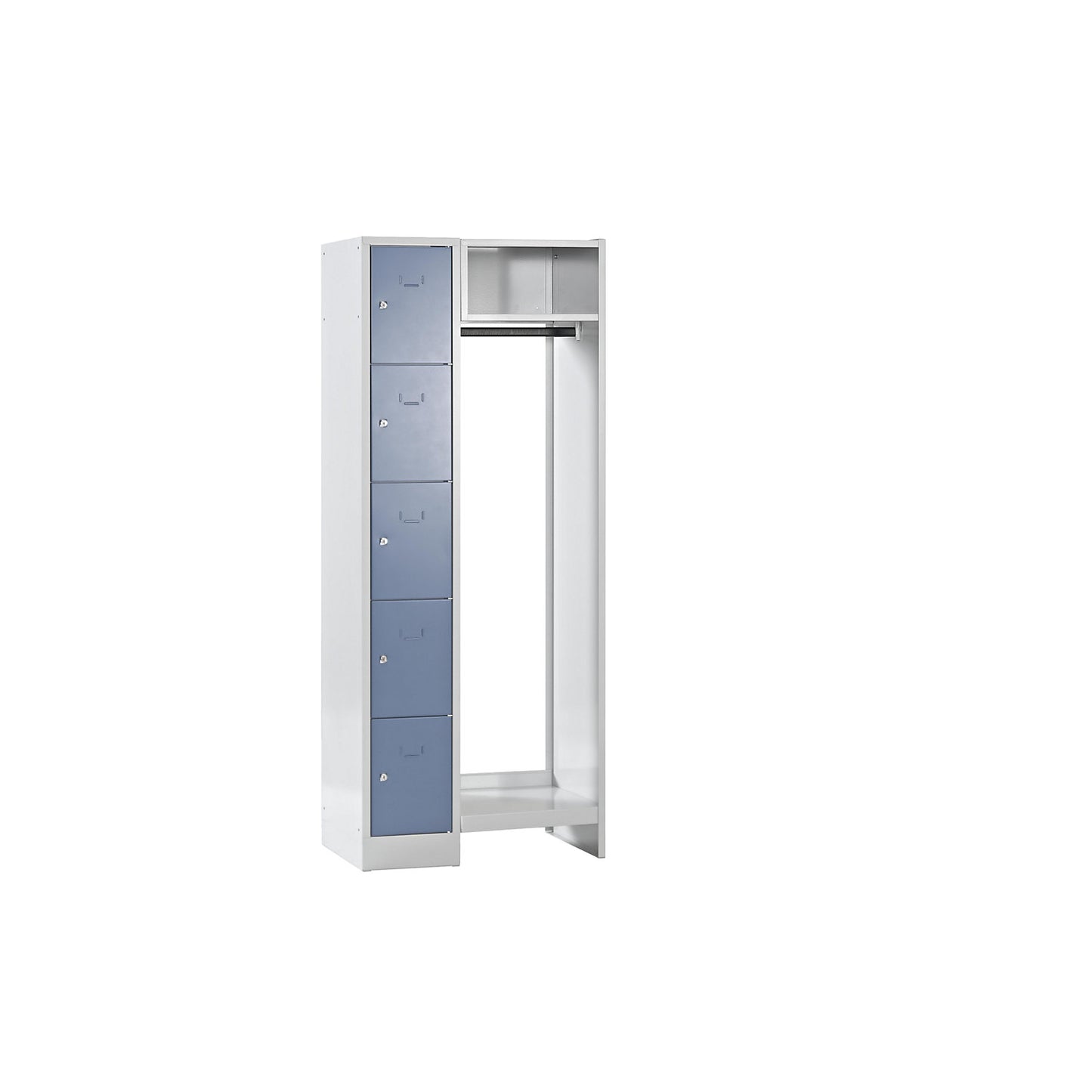 Dresden cloakroom locker system, 5 compartments, 1 coat rack, W 750 mm, light grey / pigeon blue.