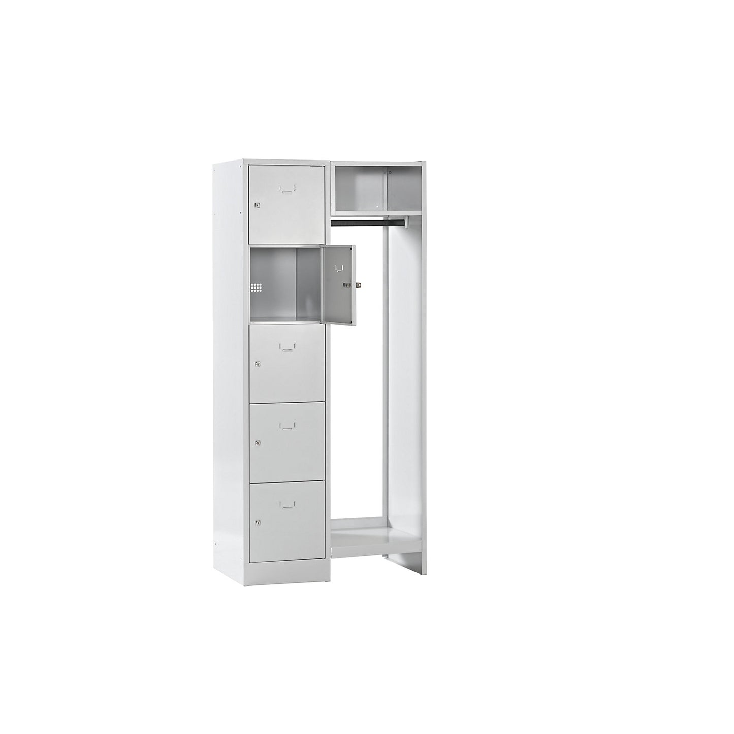 Dresden cloakroom locker system, 5 compartments, 1 coat rack, W 850 mm, light grey.