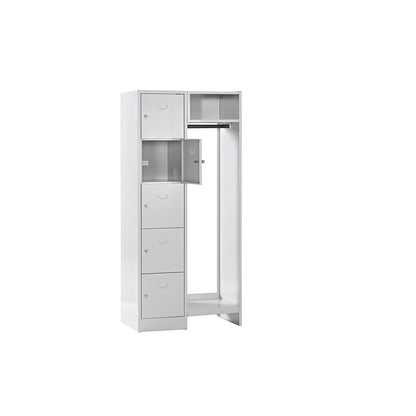 Dresden cloakroom locker system, 5 compartments, 1 coat rack, W 850 mm, light grey.