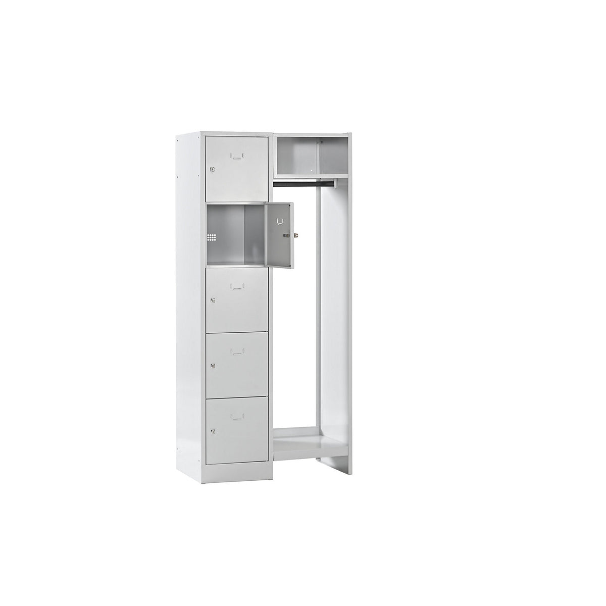Dresden cloakroom locker system, 5 compartments, 1 coat rack, W 850 mm, light grey.