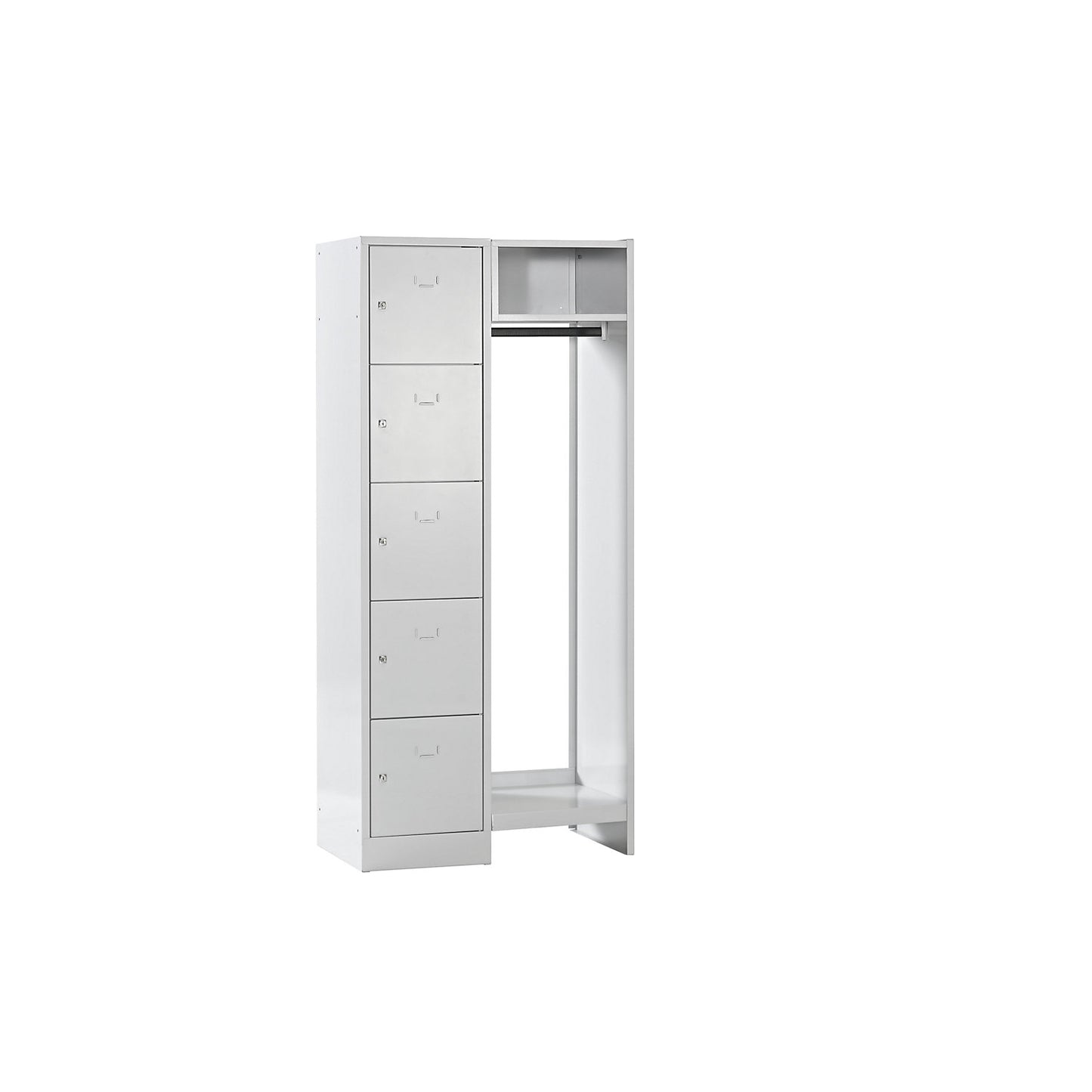 Dresden cloakroom locker system, 5 compartments, 1 coat rack, W 850 mm, light grey.