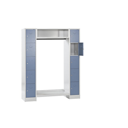 Dresden cloakroom locker system, 2 compartments, 1 coat rack, W 1470 mm, light grey / pigeon blue.