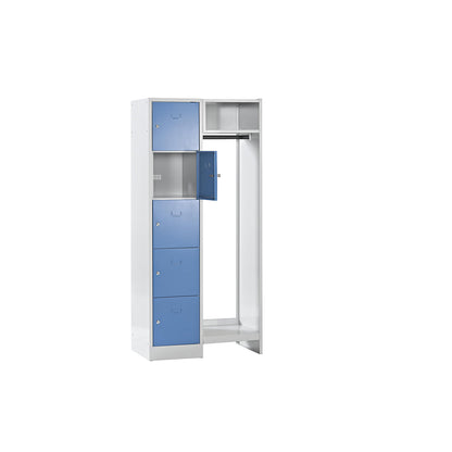 Dresden cloakroom locker system, 5 compartments, 1 coat rack, W 850 mm, light grey / light blue.