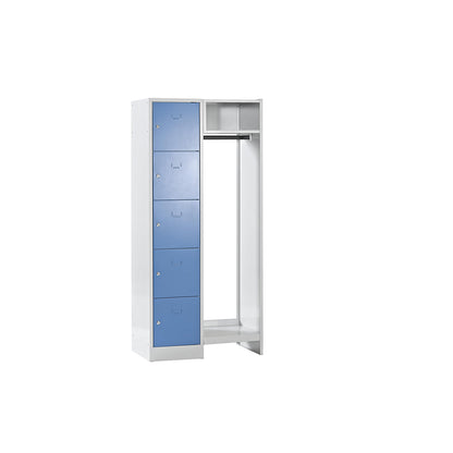 Dresden cloakroom locker system, 5 compartments, 1 coat rack, W 850 mm, light grey / light blue.