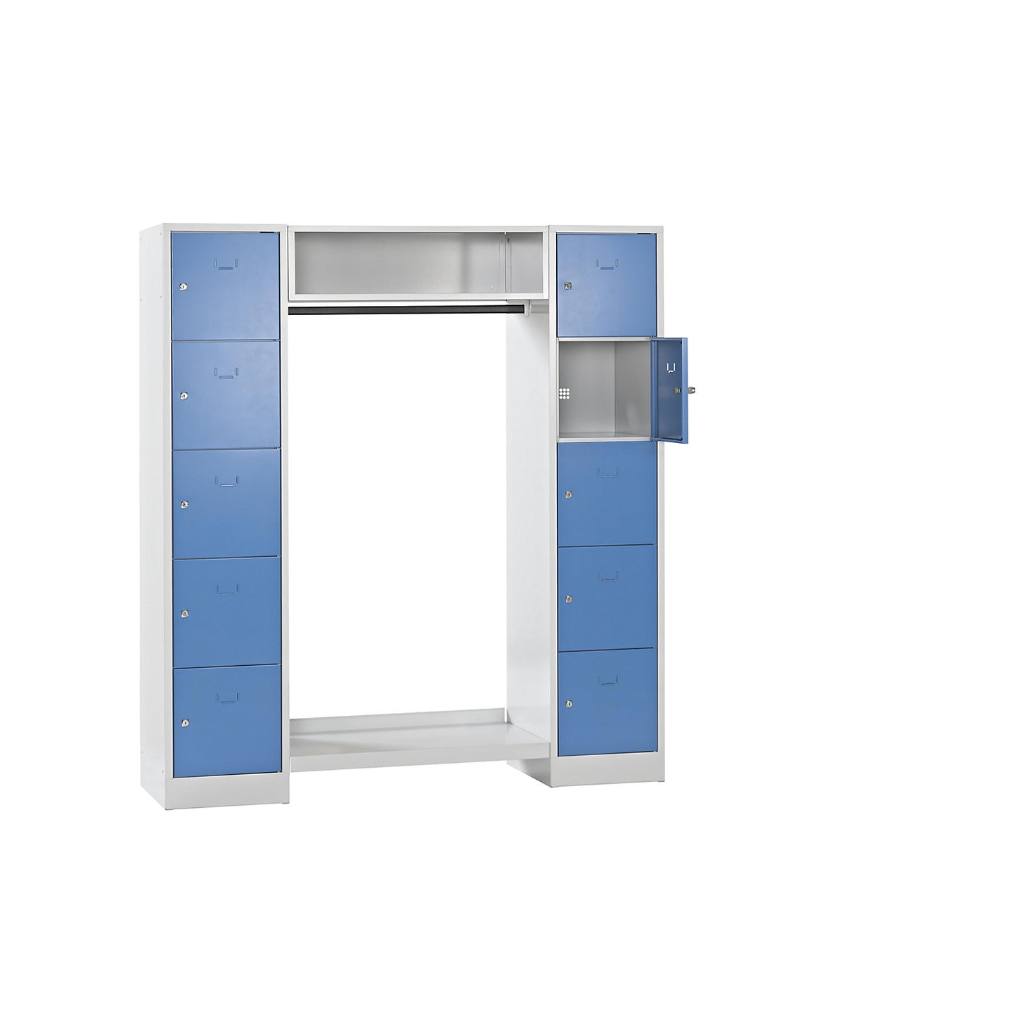 Dresden cloakroom locker system, 2 compartments, 1 coat rack, W 1670 mm, light grey / light blue.