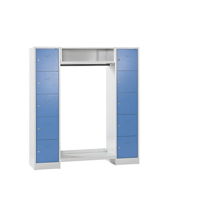 Dresden cloakroom locker system, 2 compartments, 1 coat rack, W 1670 mm, light grey / light blue.