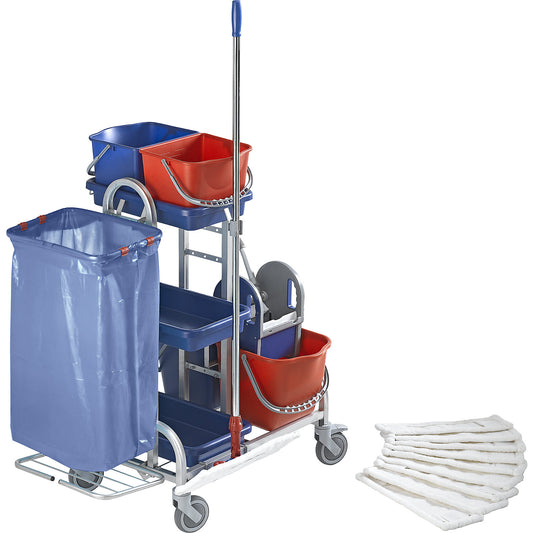 Stainless steel cleaning trolley set, with 4 buckets, holder and 10 mops, plastic castors.
