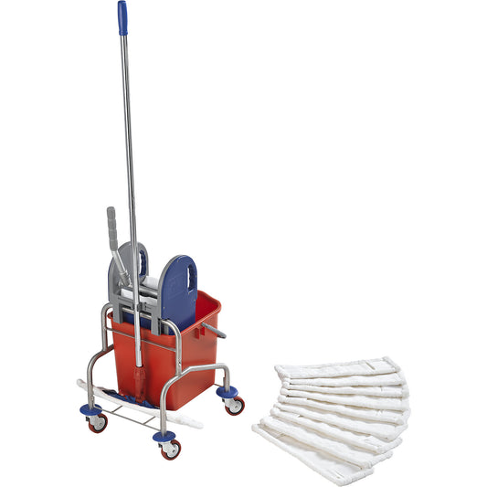 Stainless steel cleaning trolley set, 25 l bucket, holder and 10 mops, incl. mop wringer.