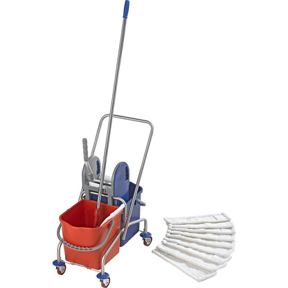 Stainless steel cleaning trolley set, with 2 x 25 l buckets, holder and 10 mops, metal castors and mop.