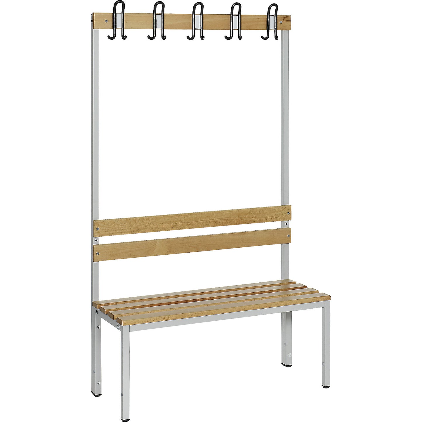 Changing room bench with back rest, single sided, beech wood slats, length 1000 mm.