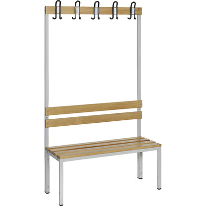 Changing room bench with back rest, single sided, beech wood slats, length 1000 mm.