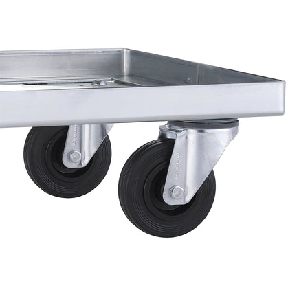 Steel wheeled base, with solid rubber tyres, max. load 250 kg, shelf 410 x 310 mm, zinc plated.