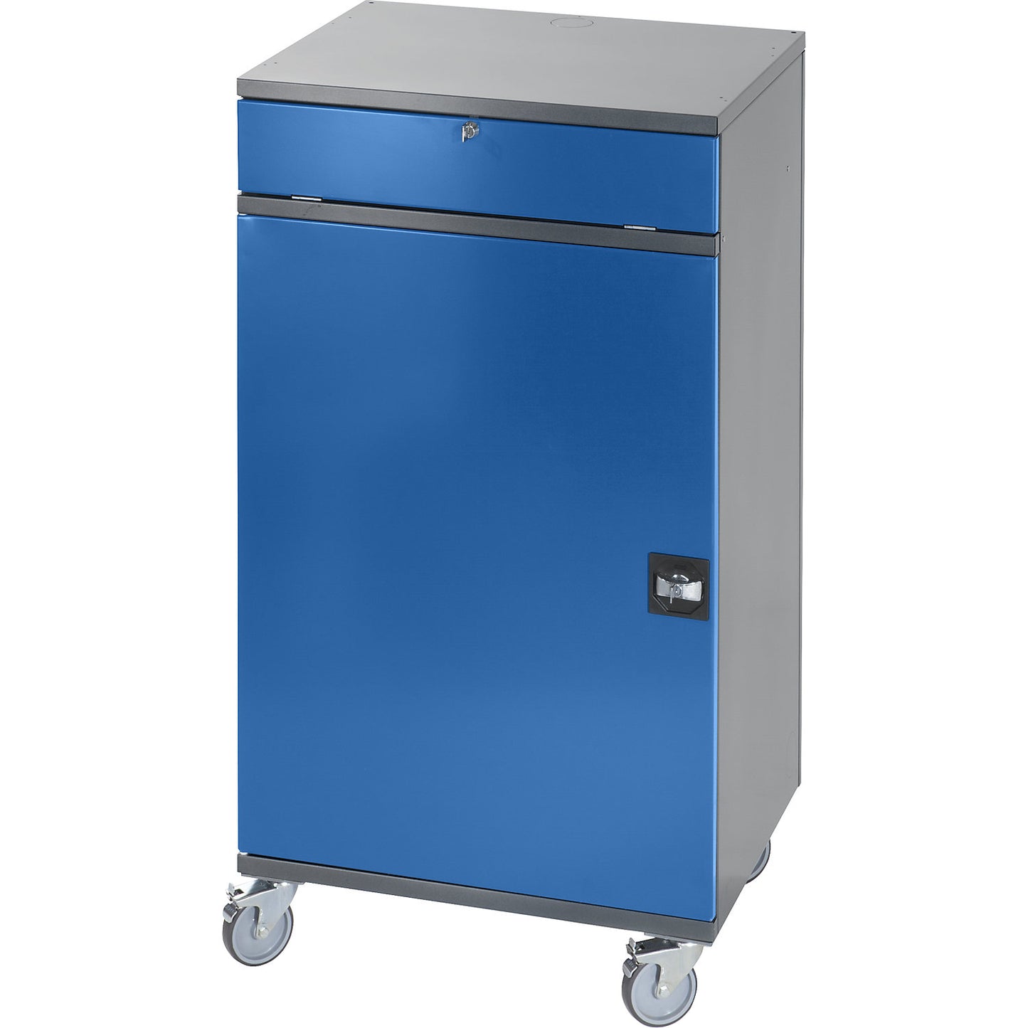 Computer workstation, cupboard housing with 1 pull-out shelf, width 650 mm, light grey / gentian blue.