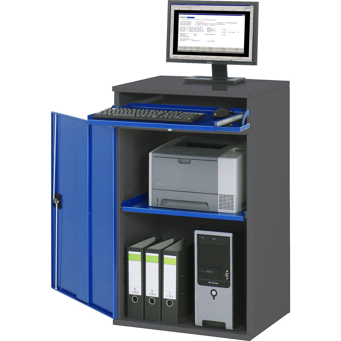 Computer workstation, cupboard housing with 1 pull-out shelf, width 650 mm, charcoal / gentian blue.