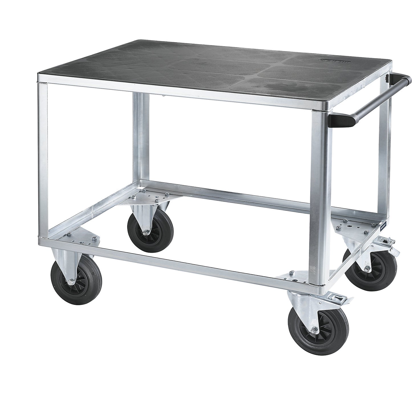 Assembly trolley, max. load 500 kg, 1 plastic shelf, shelf 1050 x 700 mm, zinc plated frame.
