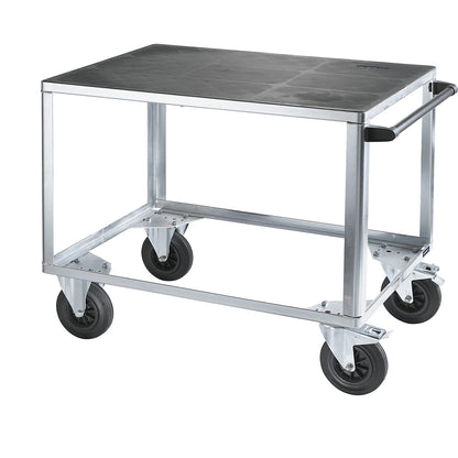 Assembly trolley, max. load 500 kg, 1 plastic shelf, shelf 1050 x 700 mm, zinc plated frame.