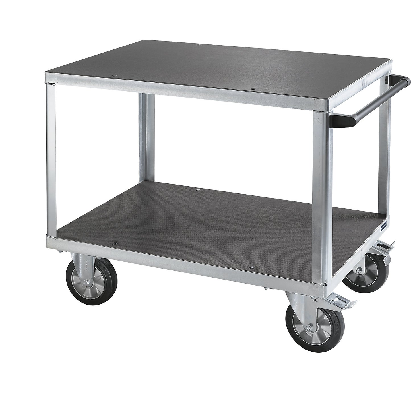 Assembly trolley, max. load 1000 kg, 2 shelves made of phenolic plywood, shelf 1050 x 700 mm, zinc plated frame.