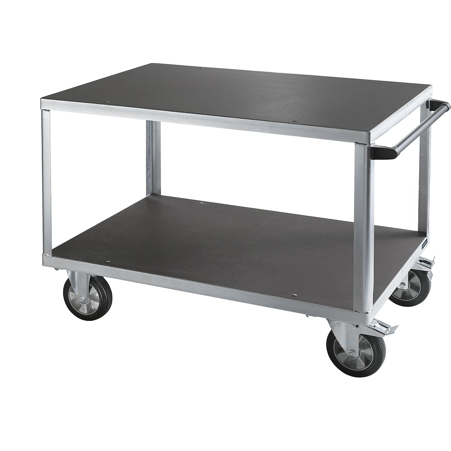 Assembly trolley, max. load 1000 kg, 2 shelves made of phenolic plywood, shelf 1250 x 800 mm, zinc plated frame.