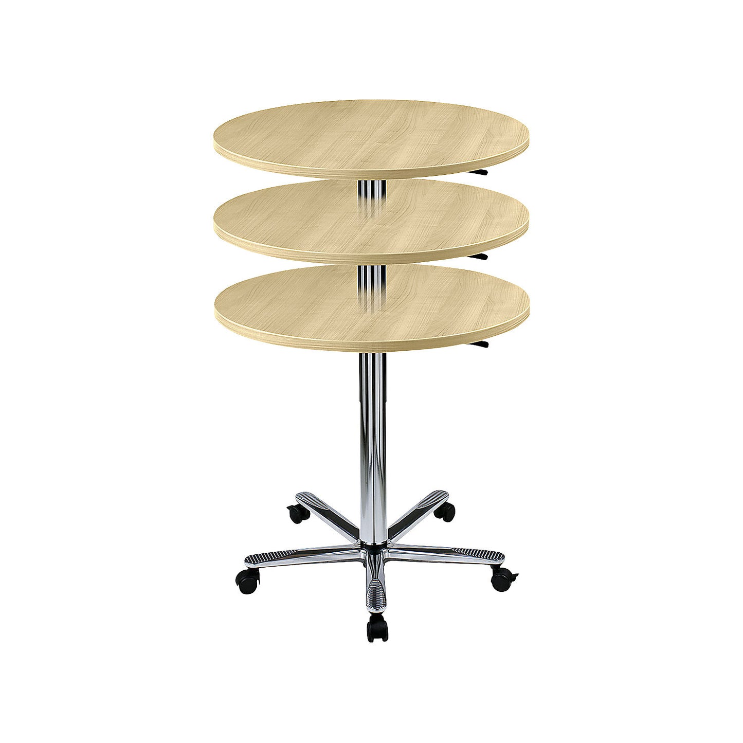Canteen table, height adjustable, chrome plated frame, maple finish.