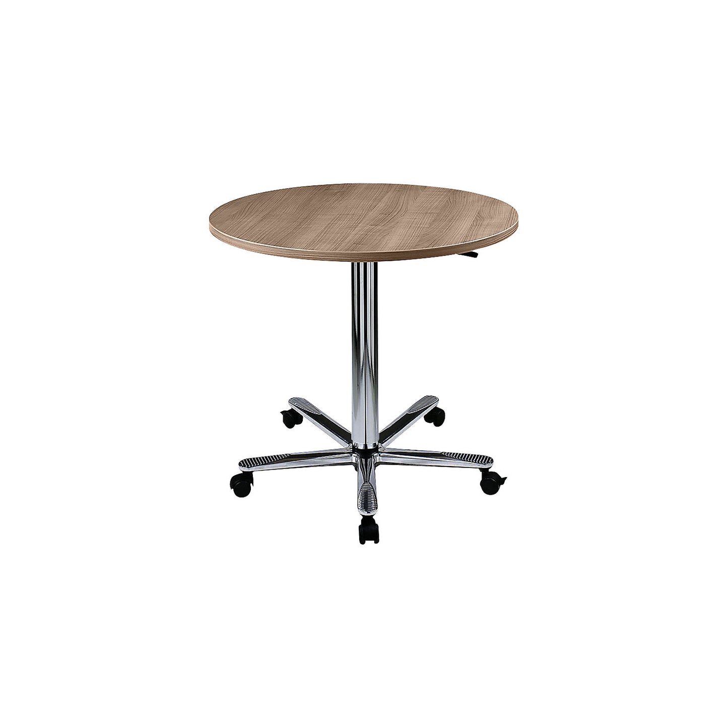 Canteen table, height adjustable, chrome plated frame, walnut finish.