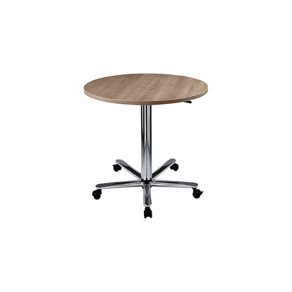 Canteen table, height adjustable, chrome plated frame, walnut finish.