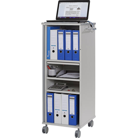 Office and media caddy, with 4 compartments, 1 extendable countertop, light grey.