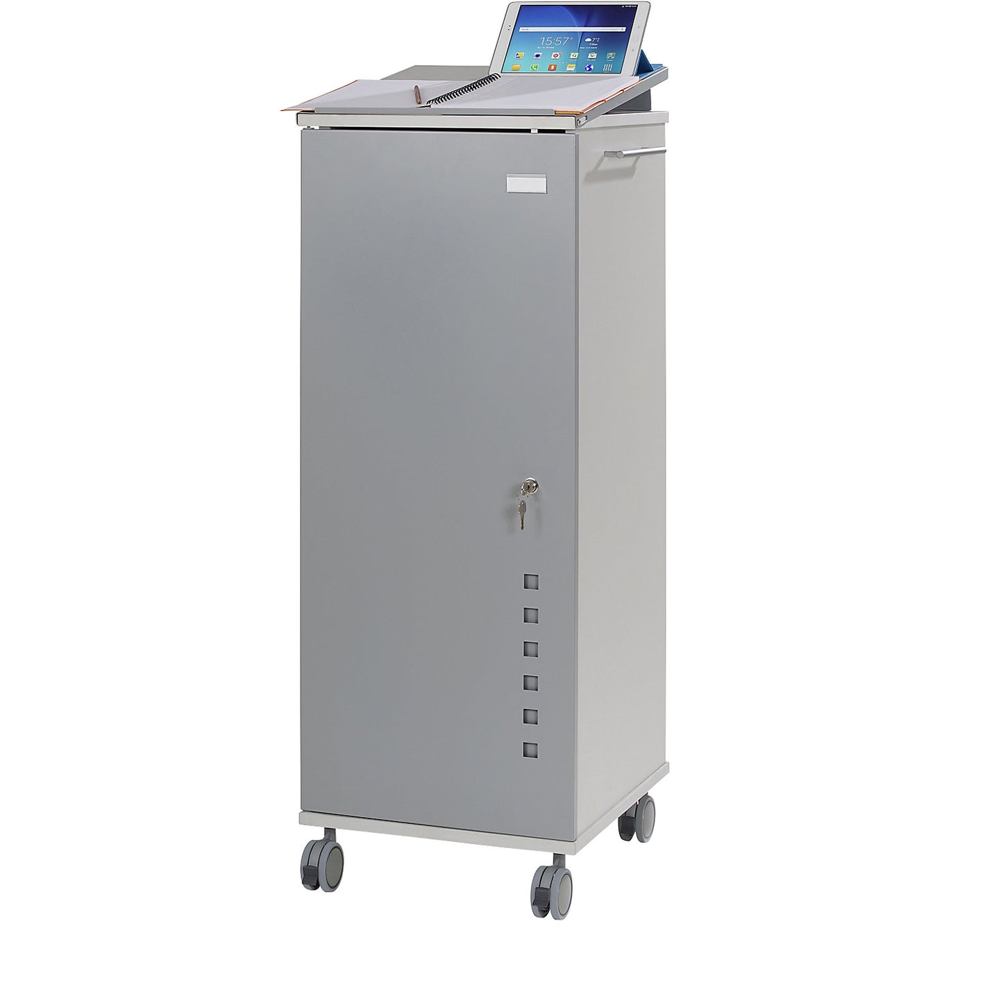 Office and media caddy, with 2 compartments, 2 drawers, 1 extendable countertop, light grey.