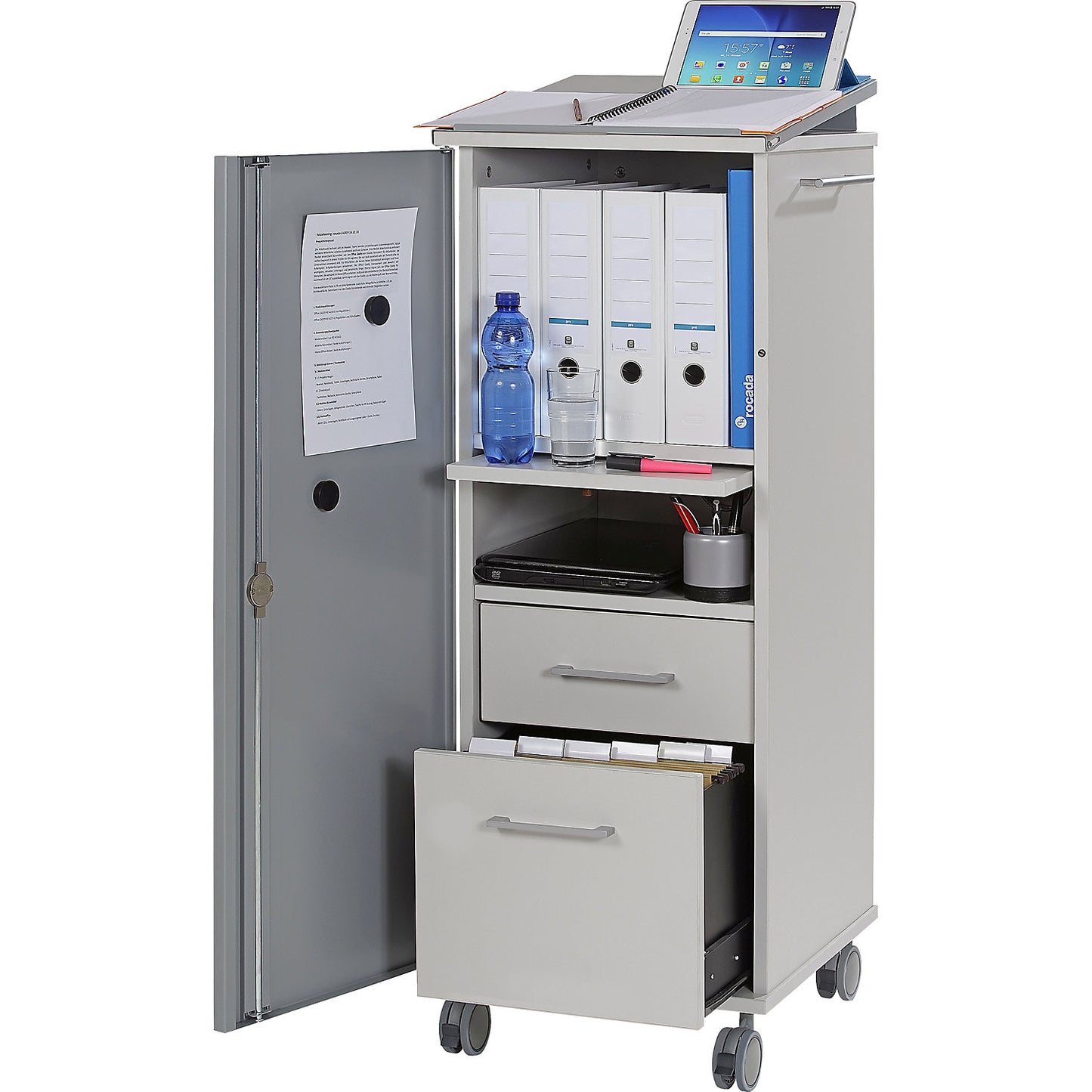 Office and media caddy, with 2 compartments, 2 drawers, 1 extendable countertop, light grey.